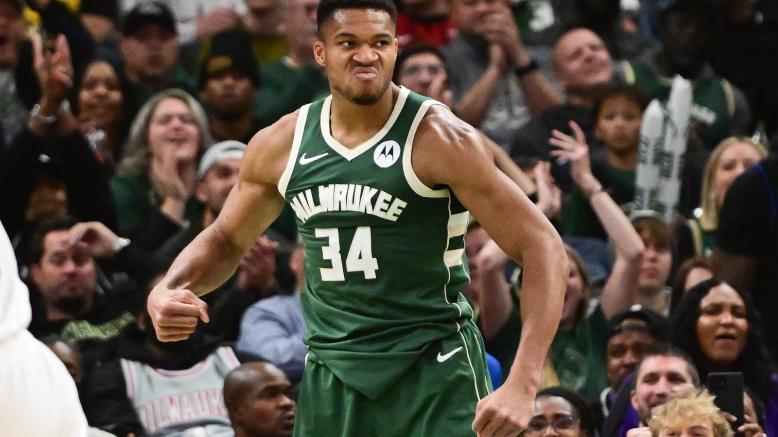 Oct 30, 2023; Milwaukee, Wisconsin, USA; Milwaukee Bucks forward Giannis Antetokounmpo (34) reacts after scoring a basket in the fourth quarter against the Miami Heat at Fiserv Forum.