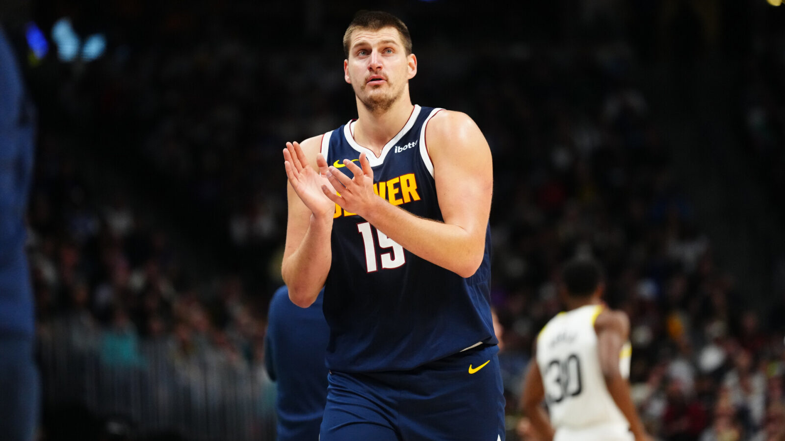 Oct 30, 2023; Denver, Colorado, USA; Denver Nuggets center Nikola Jokic (15) reacts in the third quarter against the Utah Jazz at Ball Arena