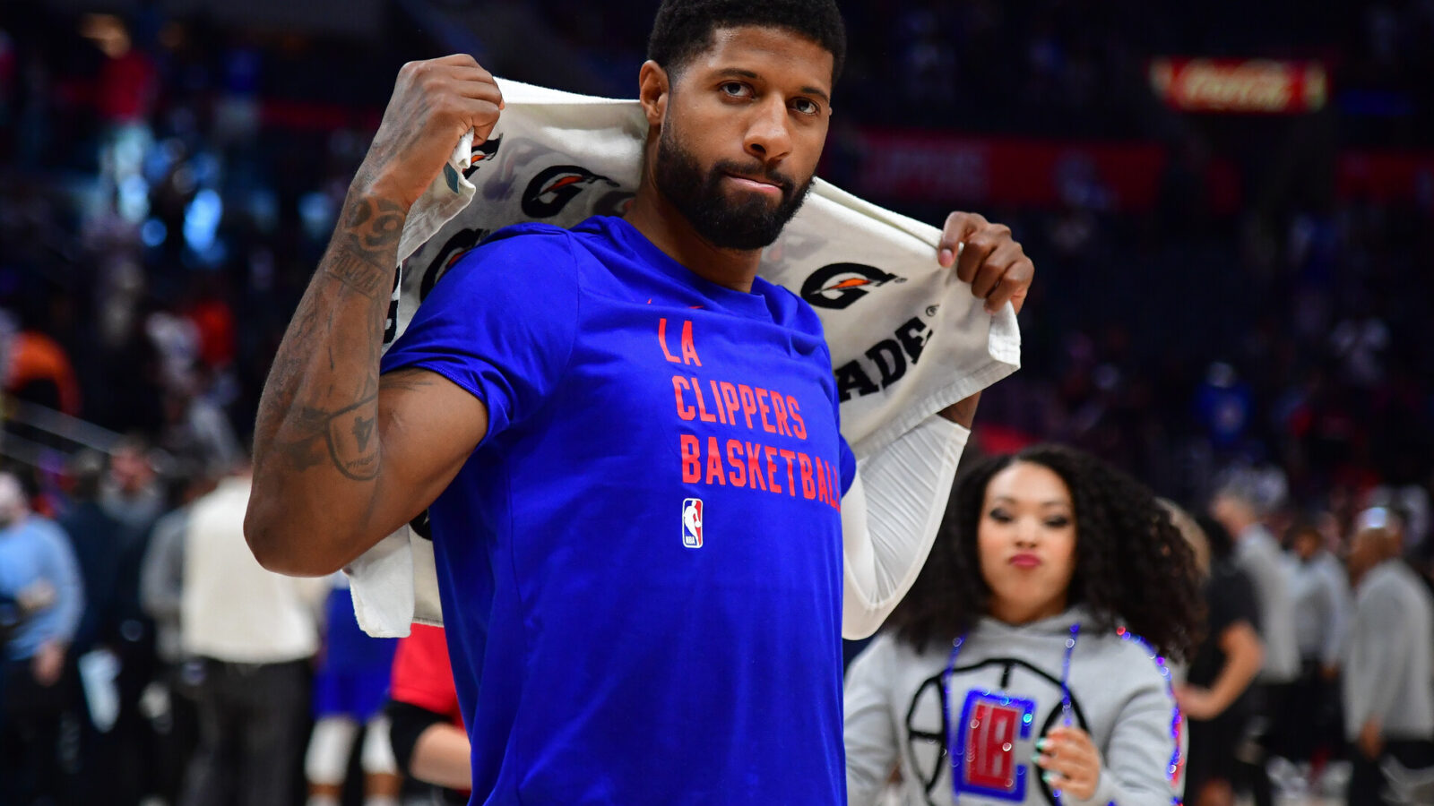 Oct 31, 2023; Los Angeles, California, USA; Los Angeles Clippers forward Paul George (13) reacts following the victory against the Orlando Magic at Crypto.com Arena.