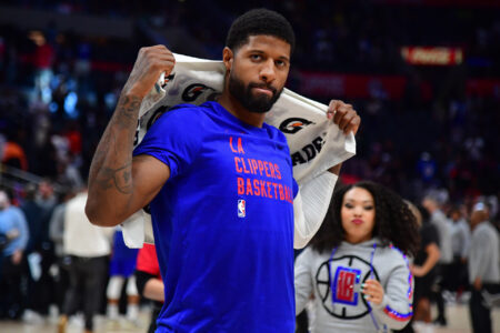 Oct 31, 2023; Los Angeles, California, USA; Los Angeles Clippers forward Paul George (13) reacts following the victory against the Orlando Magic at Crypto.com Arena.