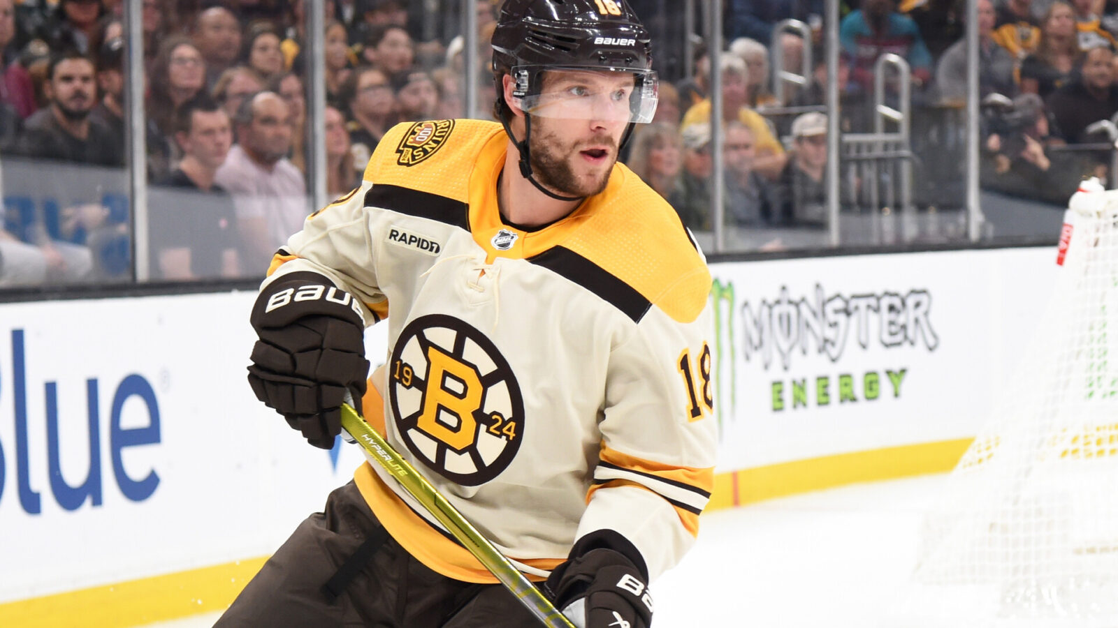 Oct 26, 2023; Boston, Massachusetts, USA; Boston Bruins center Pavel Zacha (18) follows the play during the first period against the Detroit Red Wings at TD Garden.