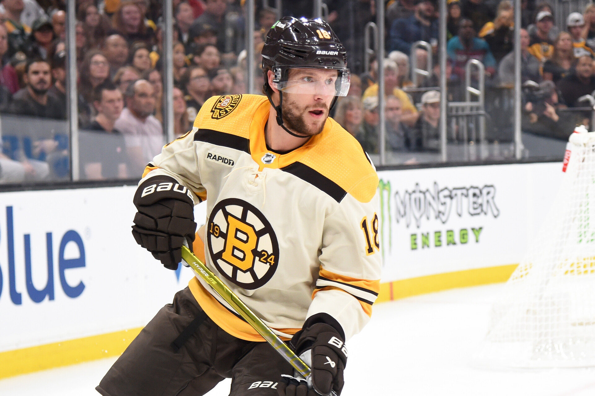 Oct 26, 2023; Boston, Massachusetts, USA; Boston Bruins center Pavel Zacha (18) follows the play during the first period against the Detroit Red Wings at TD Garden.