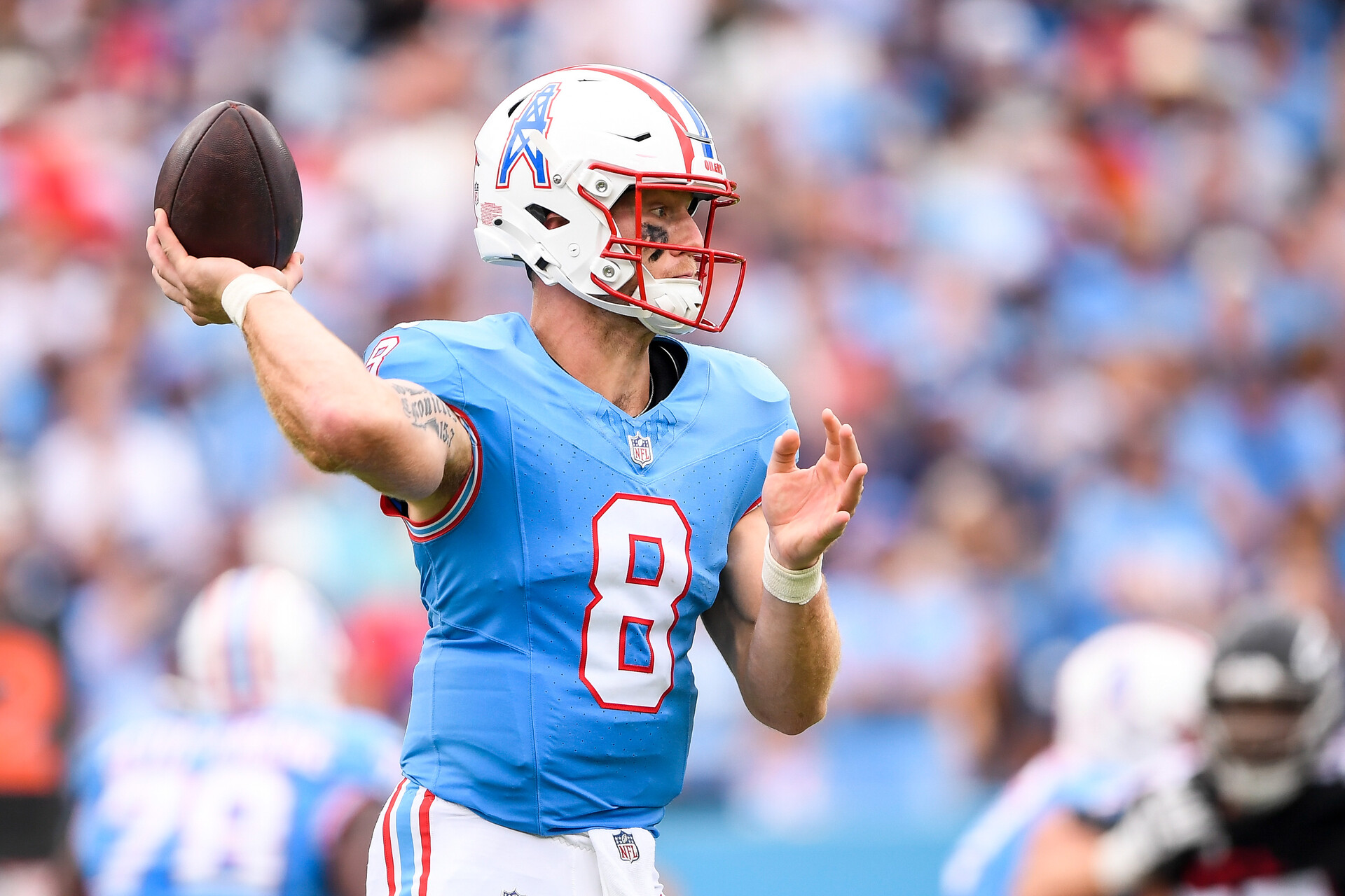 Oct 29, 2023; Nashville, Tennessee, USA;Tennessee Titans quarterback Will Levis (8) against the Atlanta Falcons during the first half at Nissan Stadium.