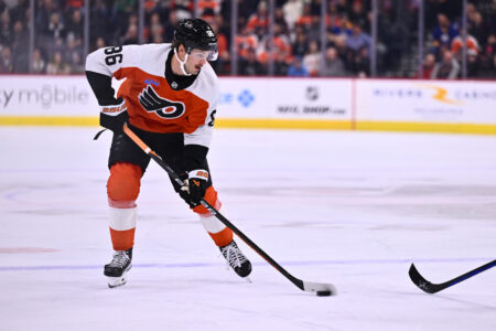 Nov 1, 2023; Philadelphia, Pennsylvania, USA; Philadelphia Flyers left wing Joel Farabee (86) controls the puck against the Buffalo Sabres in the first period at Wells Fargo Center.