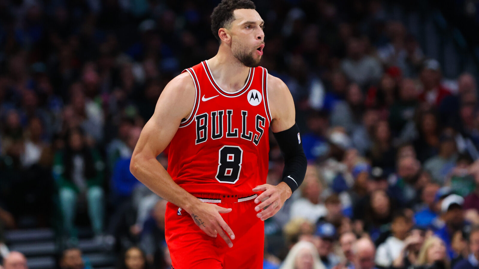 Nov 1, 2023; Dallas, Texas, USA; Chicago Bulls guard Zach LaVine (8) reacts after scoring during the second quarter against the Dallas Mavericks at American Airlines Center.