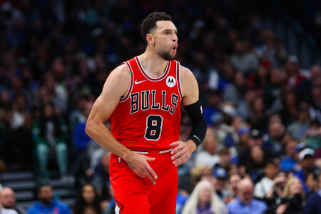 Nov 1, 2023; Dallas, Texas, USA; Chicago Bulls guard Zach LaVine (8) reacts after scoring during the second quarter against the Dallas Mavericks at American Airlines Center.