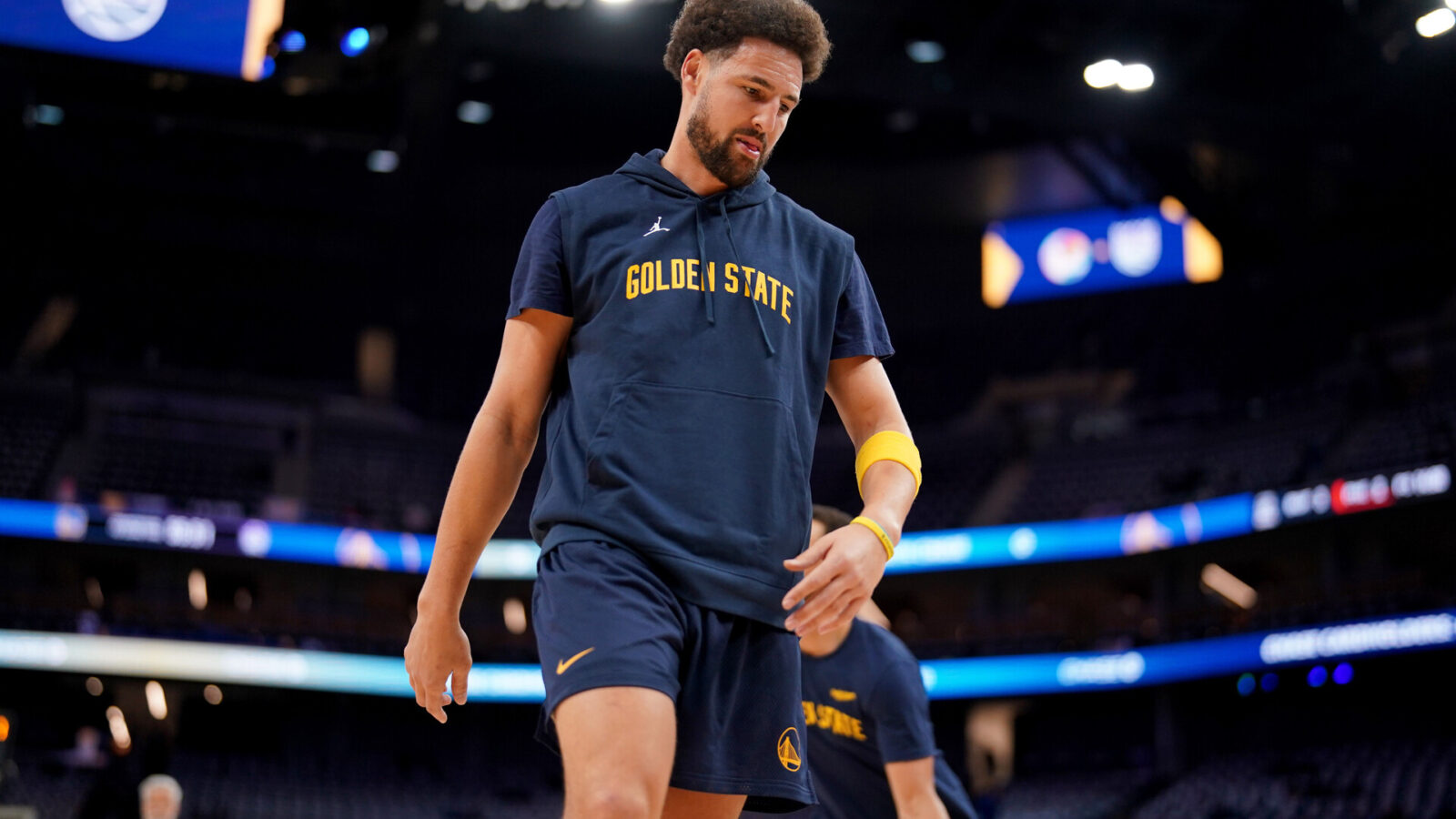 Nov 1, 2023; San Francisco, California, USA; Golden State Warriors guard Klay Thompson (11) walks on the court before the start of the game against the Sacramento Kings at the Chase Center.