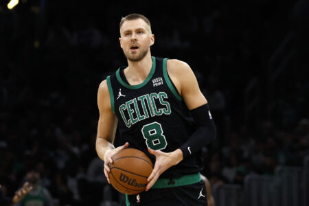 Boston Celtics center Kristaps Porzingis (8) against the Indiana Pacers during the second half at TD Garden.