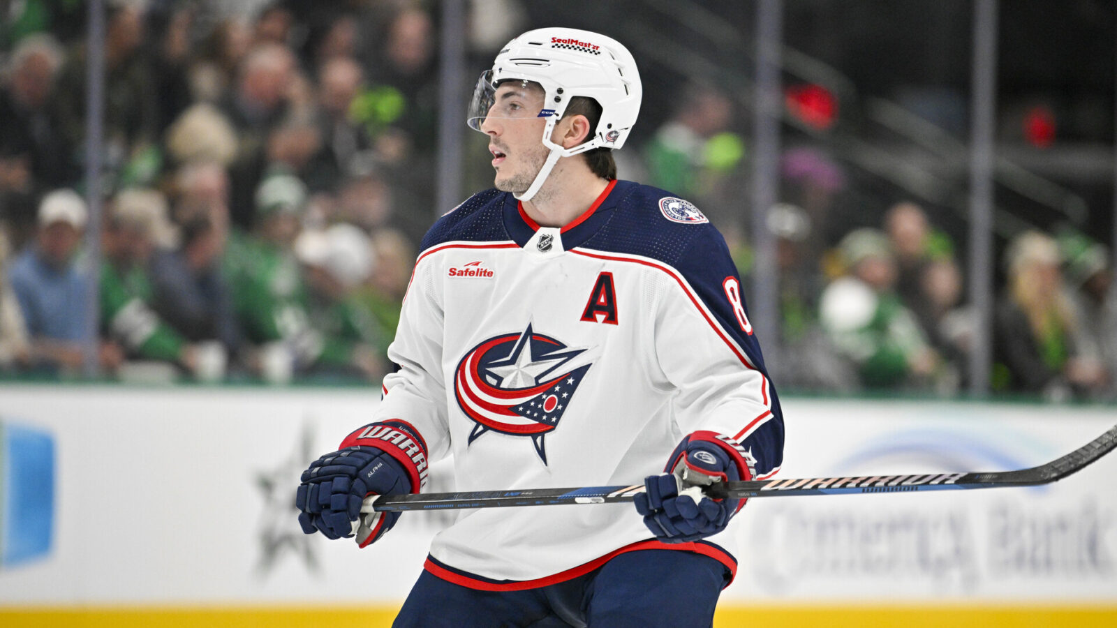 Oct 30, 2023; Dallas, Texas, USA; Columbus Blue Jackets defenseman Zach Werenski (8) in action during the game between the Dallas Stars and the Columbus Blue Jackets at American Airlines Center.