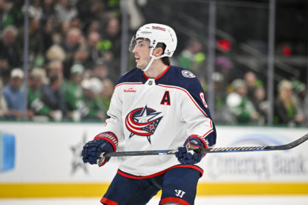 Oct 30, 2023; Dallas, Texas, USA; Columbus Blue Jackets defenseman Zach Werenski (8) in action during the game between the Dallas Stars and the Columbus Blue Jackets at American Airlines Center.