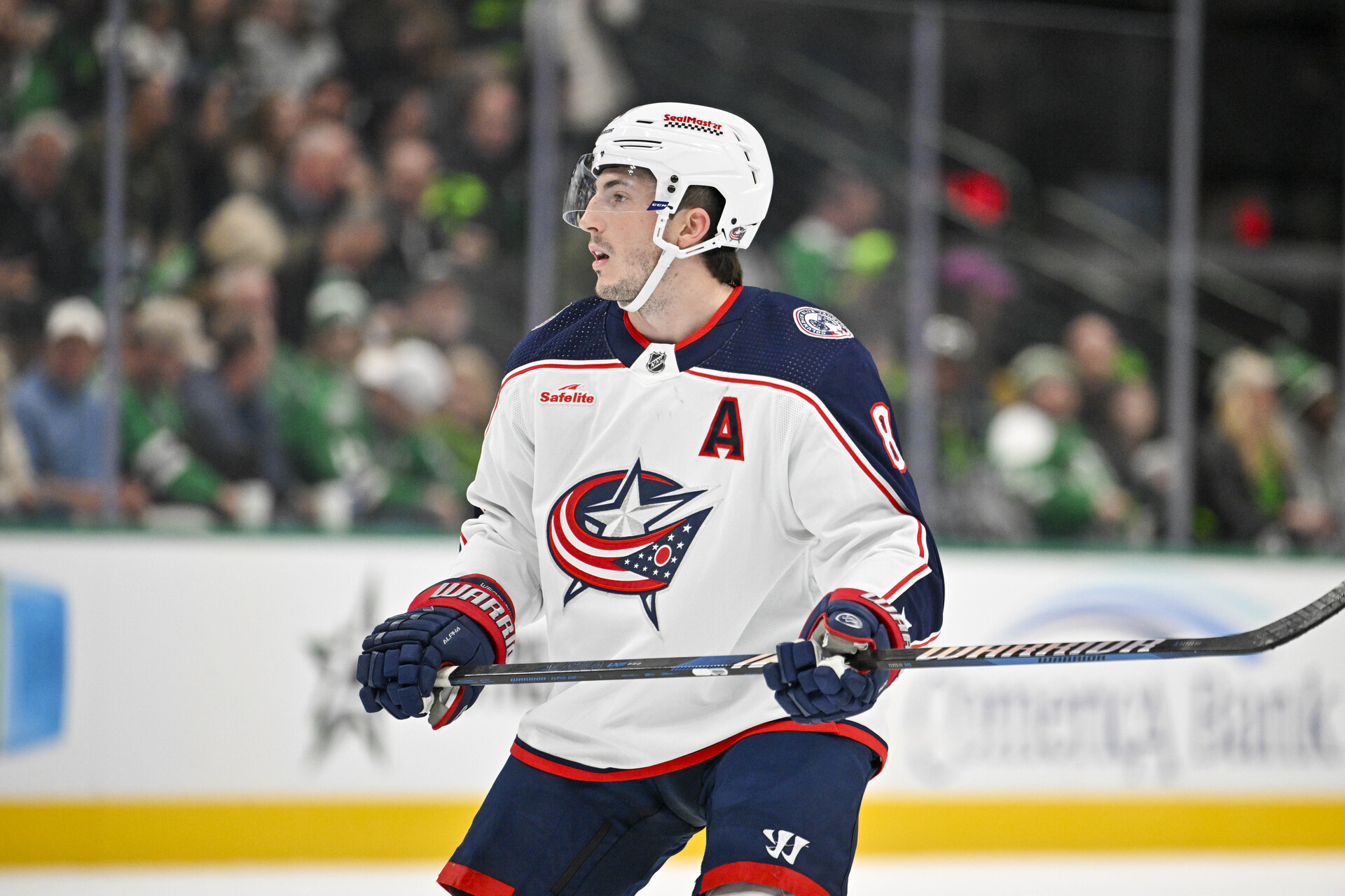 Oct 30, 2023; Dallas, Texas, USA; Columbus Blue Jackets defenseman Zach Werenski (8) in action during the game between the Dallas Stars and the Columbus Blue Jackets at American Airlines Center.