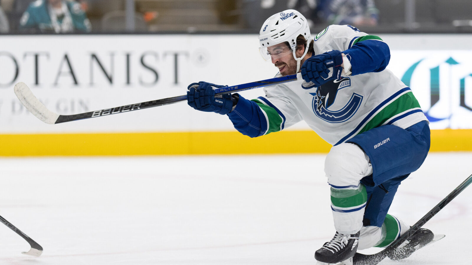 Nov 2, 2023; San Jose, California, USA; Vancouver Canucks right wing Conor Garland (8) shoots the puck during the third period against the San Jose Sharks at SAP Center at San Jose