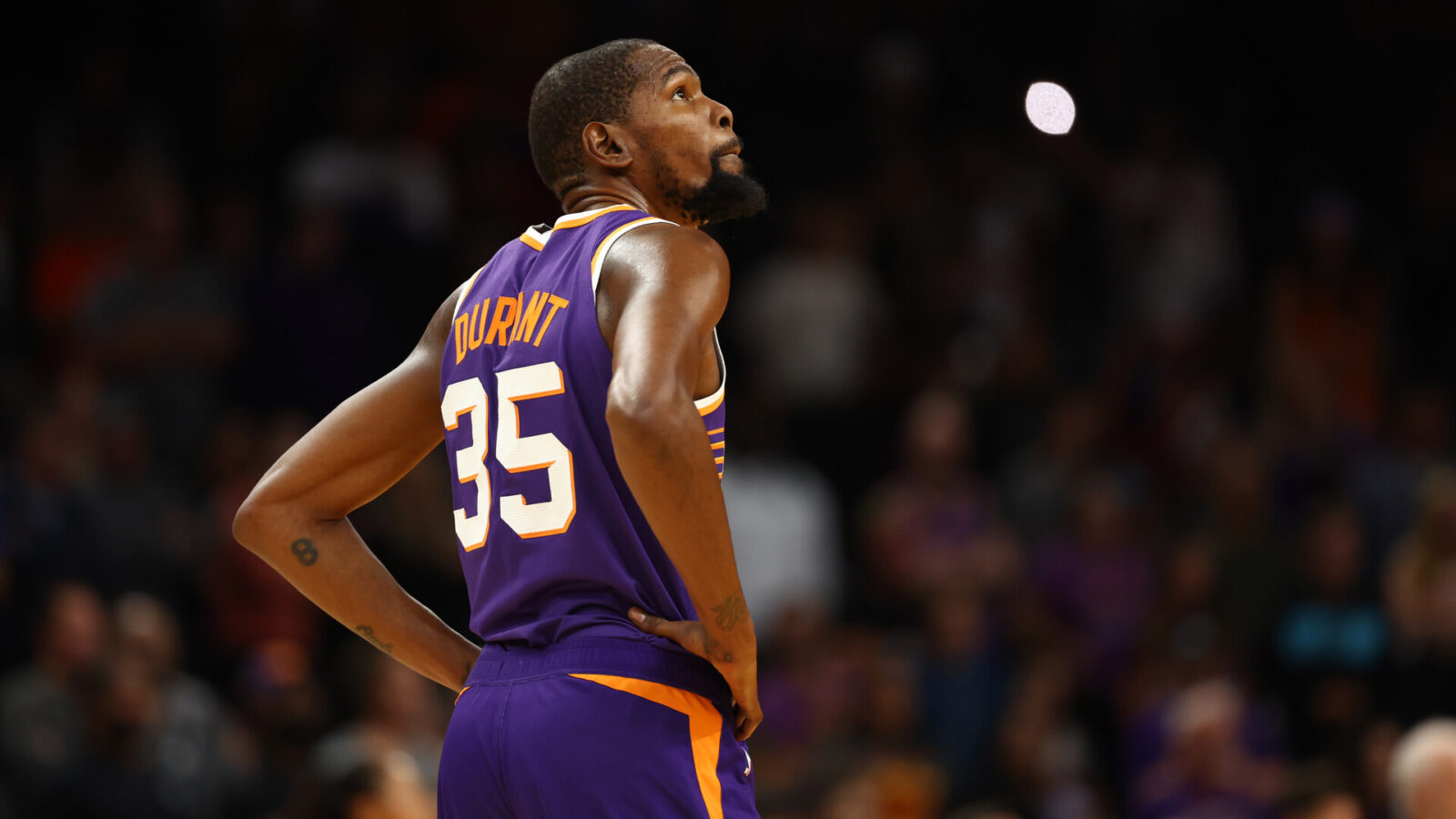 Nov 2, 2023; Phoenix, Arizona, USA; Phoenix Suns forward Kevin Durant (35) reacts against the San Antonio Spurs in the second half at Footprint Center.