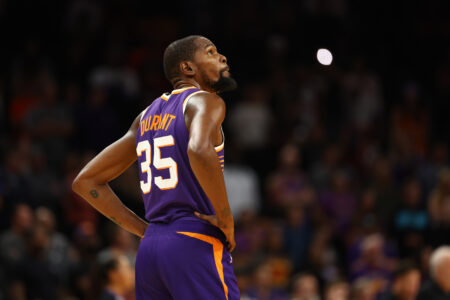Nov 2, 2023; Phoenix, Arizona, USA; Phoenix Suns forward Kevin Durant (35) reacts against the San Antonio Spurs in the second half at Footprint Center.