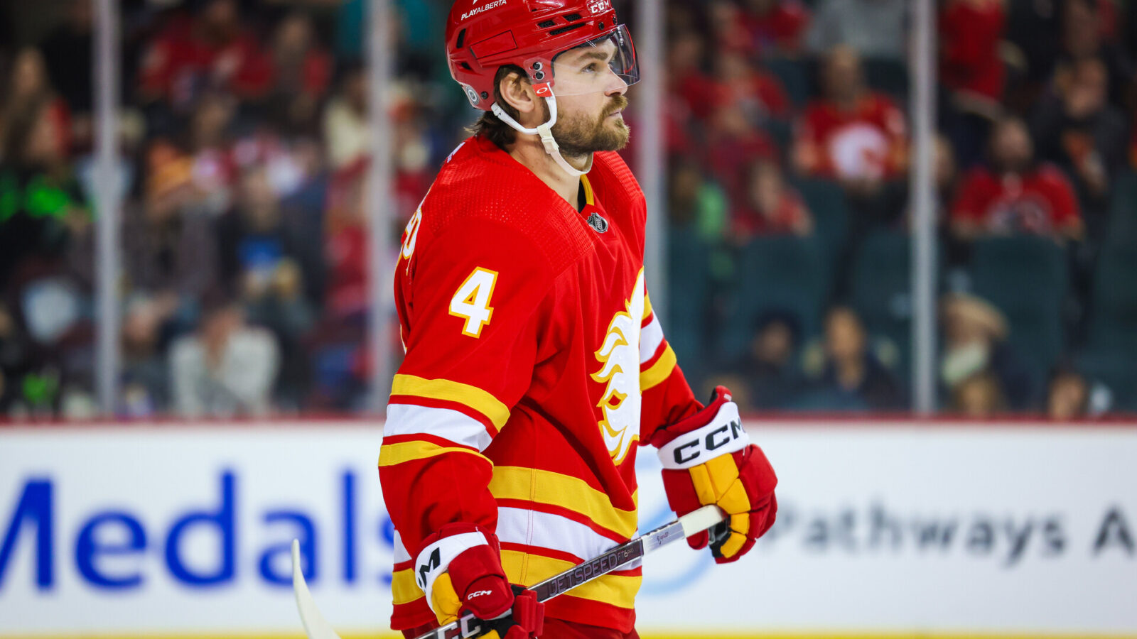 Nov 1, 2023; Calgary, Alberta, CAN; Calgary Flames defenseman Rasmus Andersson (4) against the Dallas Stars during the third period at Scotiabank Saddledome