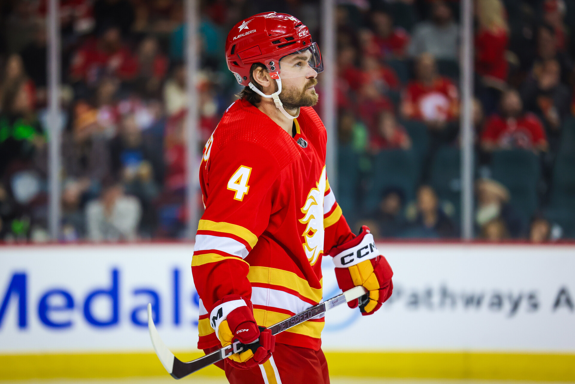 Nov 1, 2023; Calgary, Alberta, CAN; Calgary Flames defenseman Rasmus Andersson (4) against the Dallas Stars during the third period at Scotiabank Saddledome