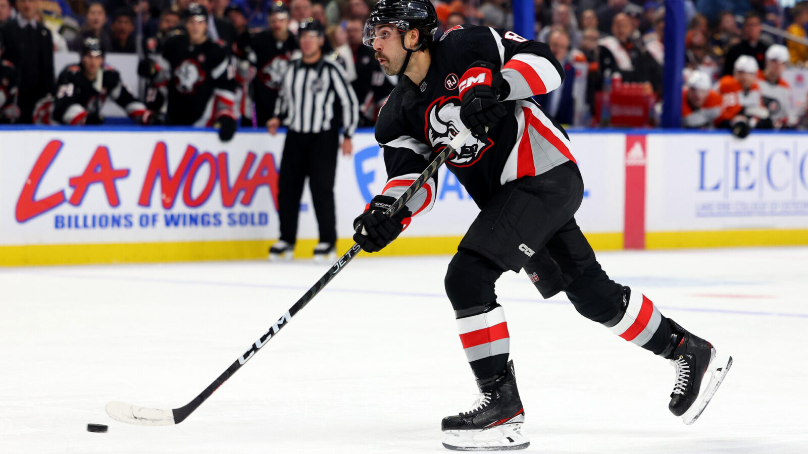 Nov 3, 2023; Buffalo, New York, USA; Buffalo Sabres right wing Alex Tuch (89) takes a shot on goal during the second period against the Philadelphia Flyers at KeyBank Center.