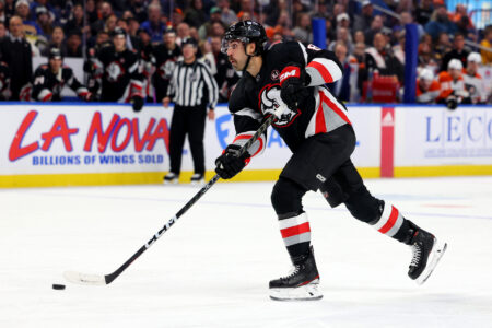 Nov 3, 2023; Buffalo, New York, USA; Buffalo Sabres right wing Alex Tuch (89) takes a shot on goal during the second period against the Philadelphia Flyers at KeyBank Center.