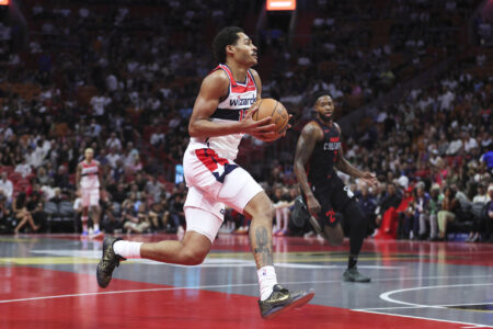 Nov 3, 2023; Miami, Florida, USA; Washington Wizards guard Jordan Poole (13) drives to the basket against the Miami Heat during the first quarter at Kaseya Center