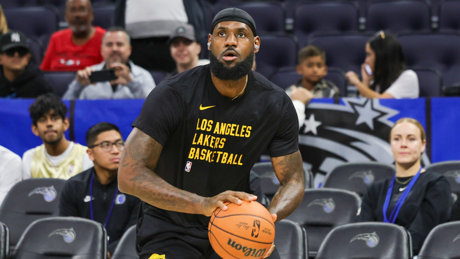Nov 4, 2023; Orlando, Florida, USA; Los Angeles Lakers forward LeBron James (23) warms up before the game against the Orlando Magic at Amway Center.