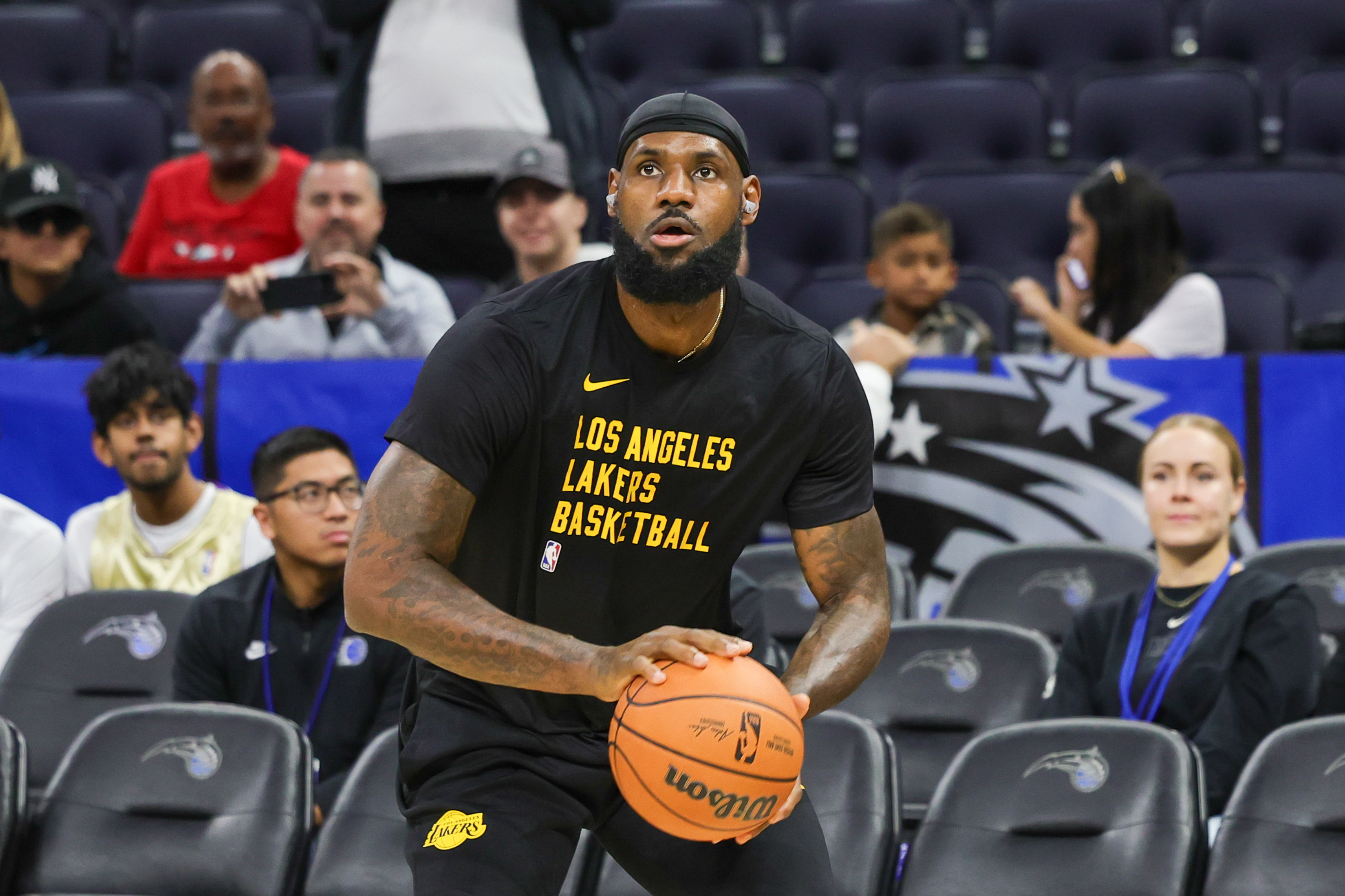Nov 4, 2023; Orlando, Florida, USA; Los Angeles Lakers forward LeBron James (23) warms up before the game against the Orlando Magic at Amway Center.