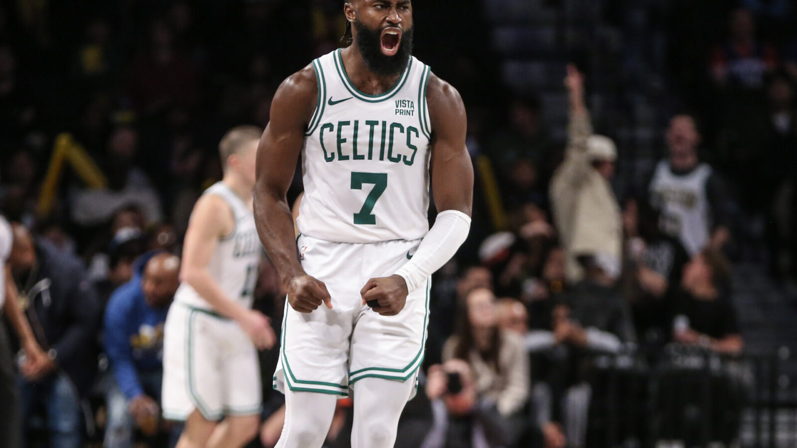 Nov 4, 2023; Brooklyn, New York, USA; Boston Celtics guard Jaylen Brown (7) celebrates after scoring in the fourth quarter against the Brooklyn Nets at Barclays Center.