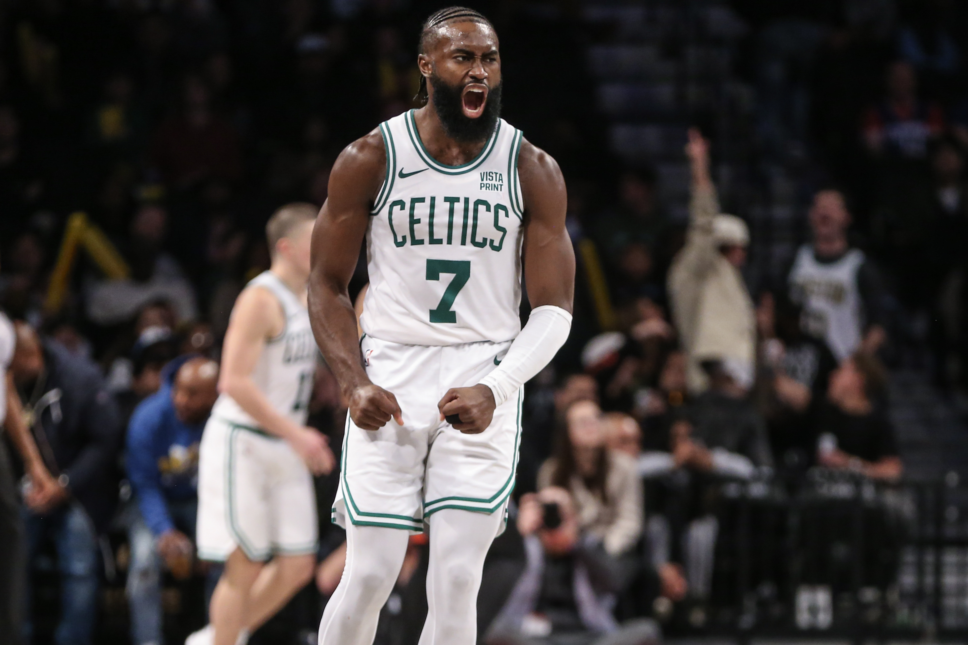 Nov 4, 2023; Brooklyn, New York, USA; Boston Celtics guard Jaylen Brown (7) celebrates after scoring in the fourth quarter against the Brooklyn Nets at Barclays Center.