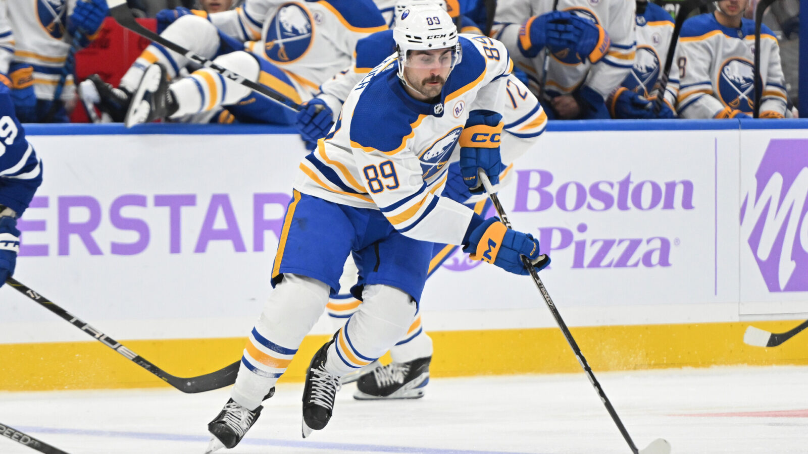 Nov 4, 2023; Toronto, Ontario, CAN; Buffalo Sabres forward Alex Tuch (89) skates with the puck against the Toronto Maple Leafs in the second period at Scotiabank Arena.