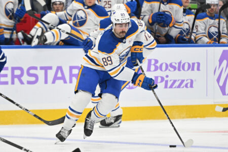 Nov 4, 2023; Toronto, Ontario, CAN; Buffalo Sabres forward Alex Tuch (89) skates with the puck against the Toronto Maple Leafs in the second period at Scotiabank Arena.