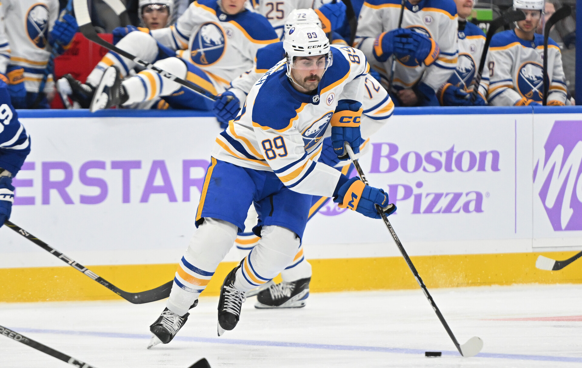 Nov 4, 2023; Toronto, Ontario, CAN; Buffalo Sabres forward Alex Tuch (89) skates with the puck against the Toronto Maple Leafs in the second period at Scotiabank Arena.