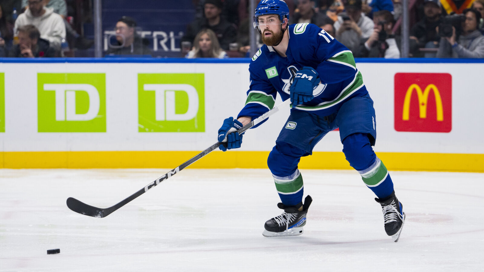 Nov 4, 2023; Vancouver, British Columbia, CAN; Vancouver Canucks defenseman Filip Hronek (17) makes a pass against the Dallas Stars in the second period at Rogers Arena.