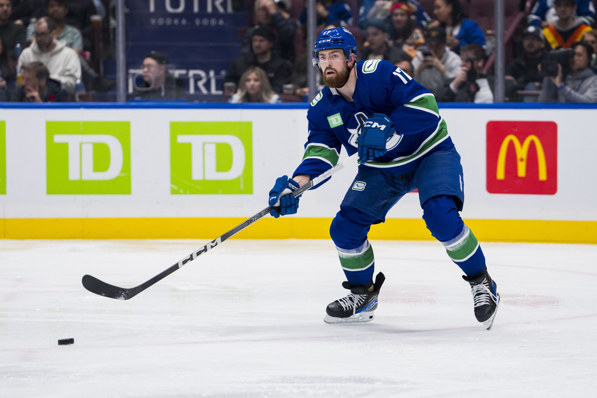 Nov 4, 2023; Vancouver, British Columbia, CAN; Vancouver Canucks defenseman Filip Hronek (17) makes a pass against the Dallas Stars in the second period at Rogers Arena.