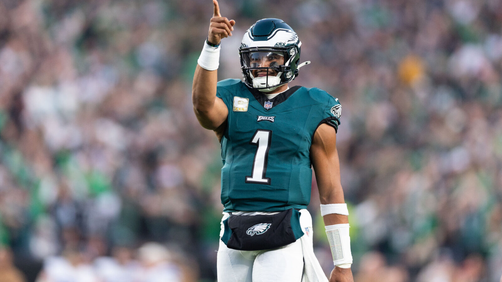 Nov 5, 2023; Philadelphia, Pennsylvania, USA; Philadelphia Eagles quarterback Jalen Hurts (1) reacts after a touchdown against the Dallas Cowboys during the first quarter at Lincoln Financial Field.