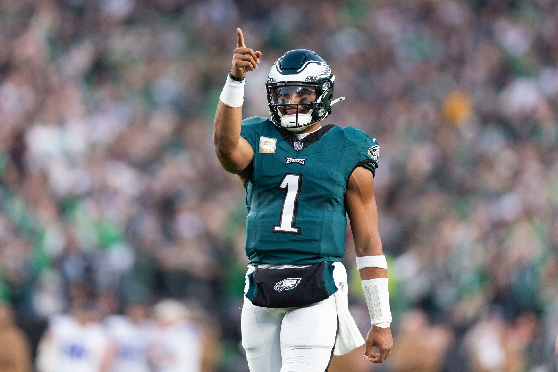 Nov 5, 2023; Philadelphia, Pennsylvania, USA; Philadelphia Eagles quarterback Jalen Hurts (1) reacts after a touchdown against the Dallas Cowboys during the first quarter at Lincoln Financial Field.