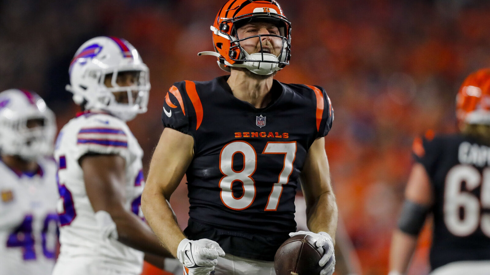 Nov 5, 2023; Cincinnati, Ohio, USA; Cincinnati Bengals tight end Tanner Hudson (87) reacts after a catch against the Buffalo Bills in the first half at Paycor Stadium.