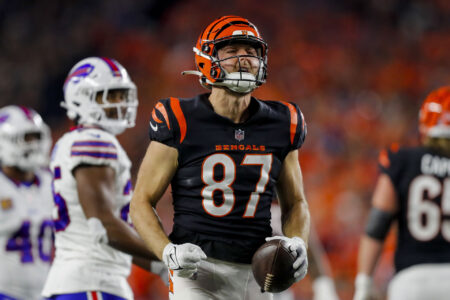 Nov 5, 2023; Cincinnati, Ohio, USA; Cincinnati Bengals tight end Tanner Hudson (87) reacts after a catch against the Buffalo Bills in the first half at Paycor Stadium.