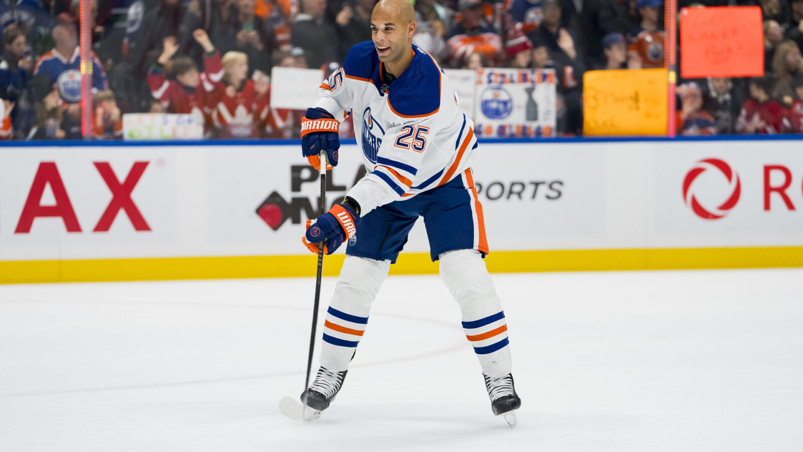 Nov 6, 2023; Vancouver, British Columbia, CAN; Edmonton Oilers defenseman Darnell Nurse (25) handles the puck during warm up prior to a game against the Vancouver Canucks at Rogers Arena.