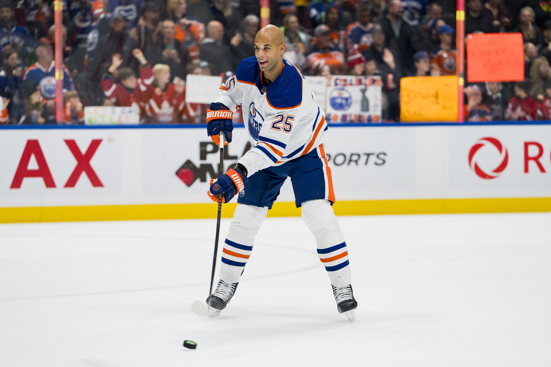 Nov 6, 2023; Vancouver, British Columbia, CAN; Edmonton Oilers defenseman Darnell Nurse (25) handles the puck during warm up prior to a game against the Vancouver Canucks at Rogers Arena.