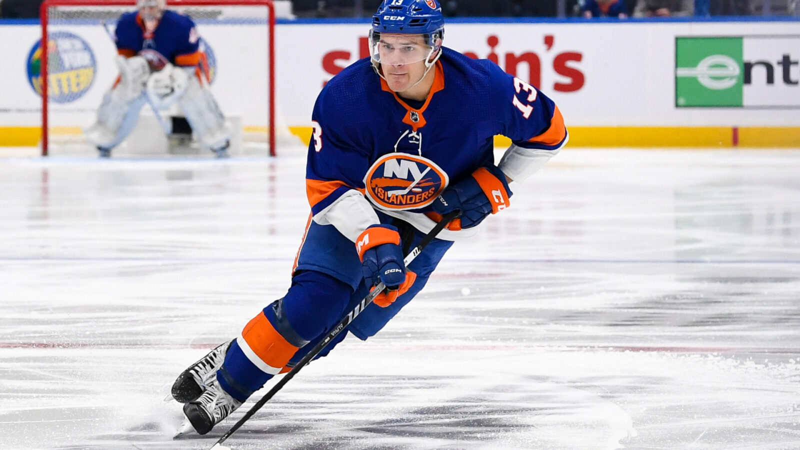 New York Islanders center Mathew Barzal (13) skates across the blue line against the Minnesota Wild during the second period at UBS Arena.
