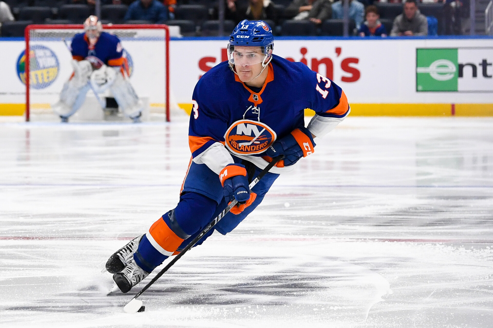New York Islanders center Mathew Barzal (13) skates across the blue line against the Minnesota Wild during the second period at UBS Arena.