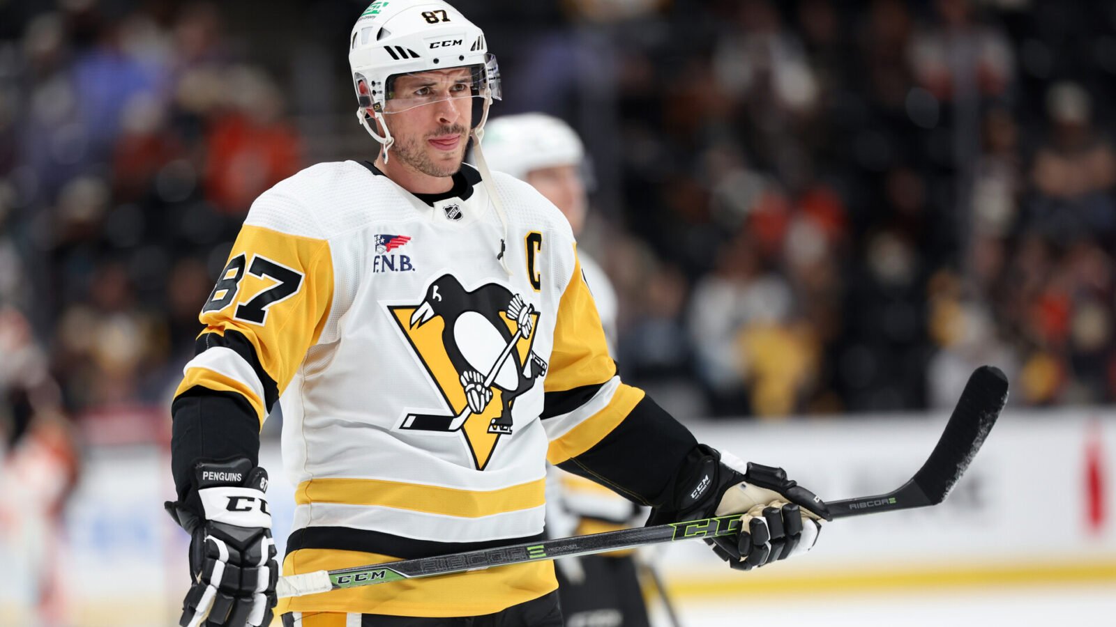 Nov 7, 2023; Anaheim, California, USA; Pittsburgh Penguins center Sidney Crosby (87) warms up before the game against the Anaheim Ducks at Honda Center.