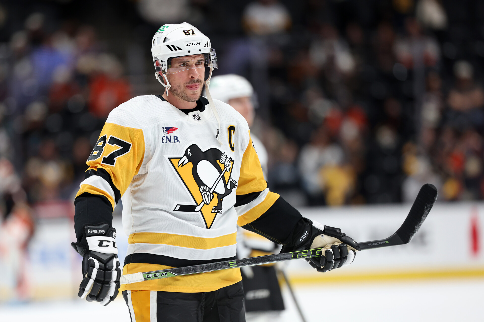 Nov 7, 2023; Anaheim, California, USA; Pittsburgh Penguins center Sidney Crosby (87) warms up before the game against the Anaheim Ducks at Honda Center.