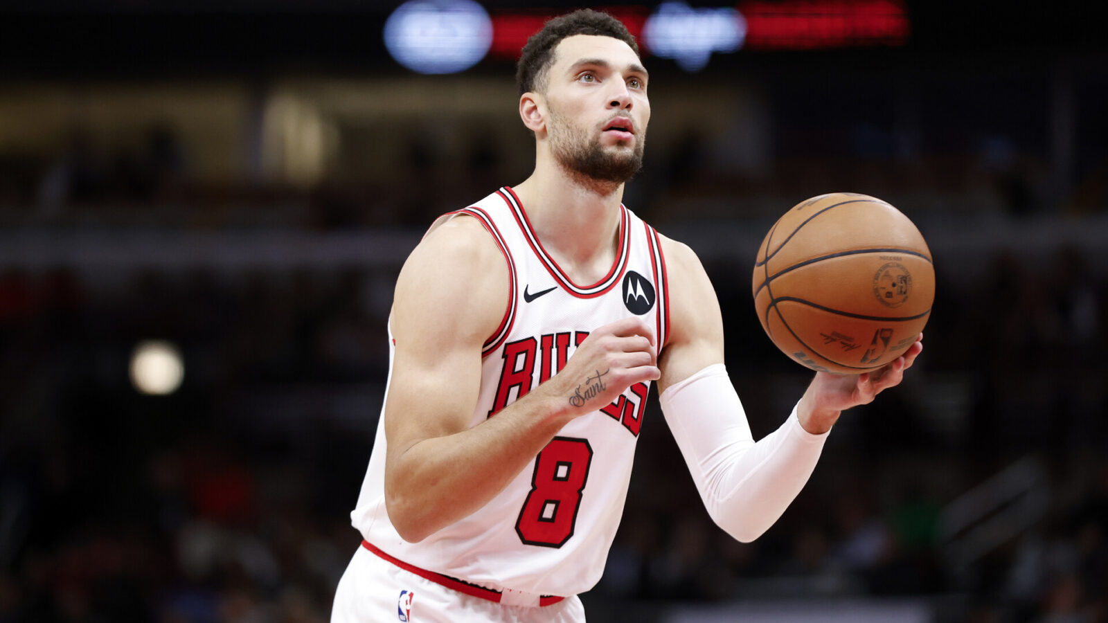 Nov 6, 2023; Chicago, Illinois, USA; Chicago Bulls guard Zach LaVine (8) shoots a free throw against the Utah Jazz during the second half at United Center.