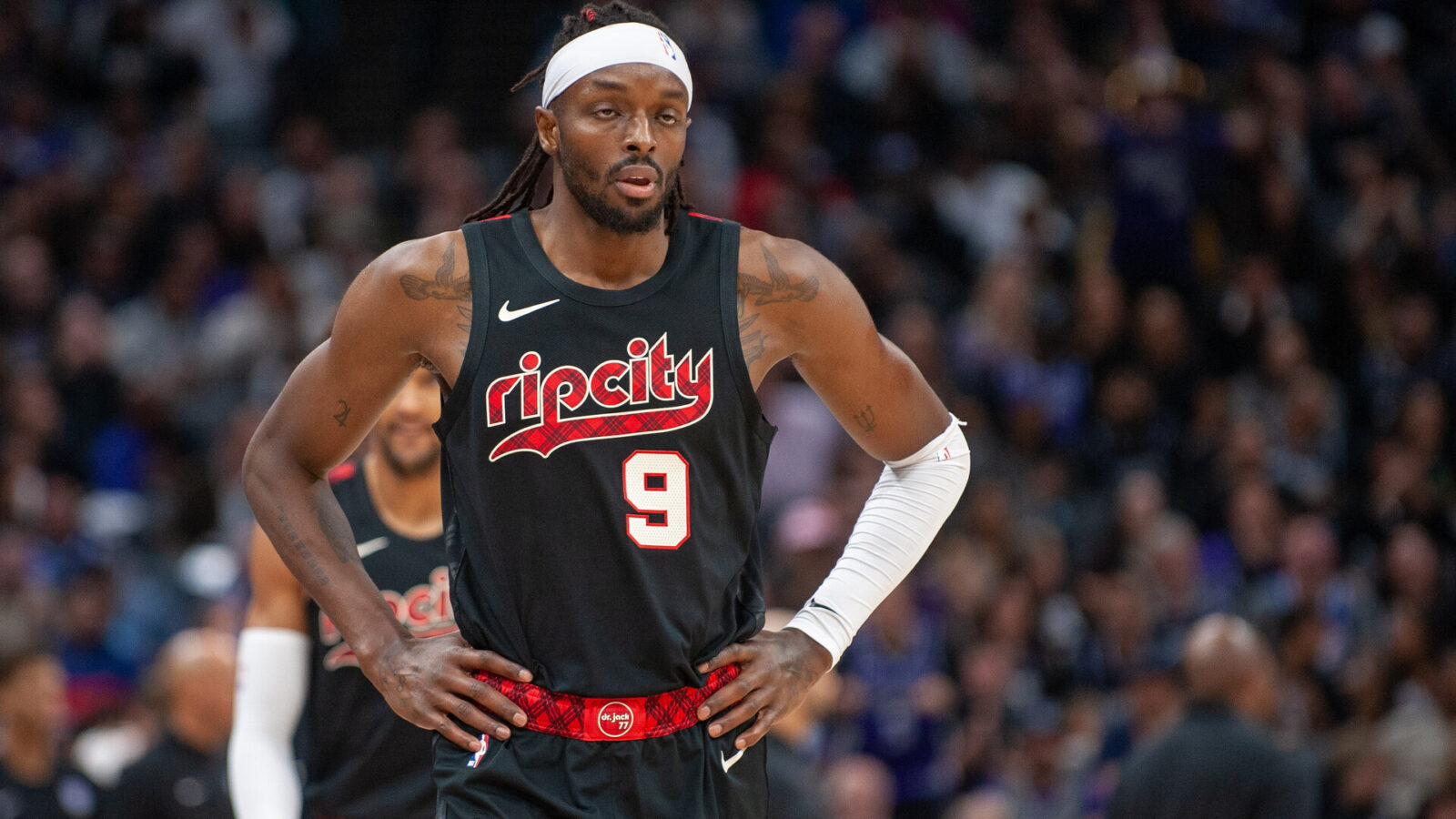 Nov 8, 2023; Sacramento, California, USA; Portland Trail Blazers forward Jerami Grant (9) looks on during a timeout in the second quarter at Golden 1 Center.