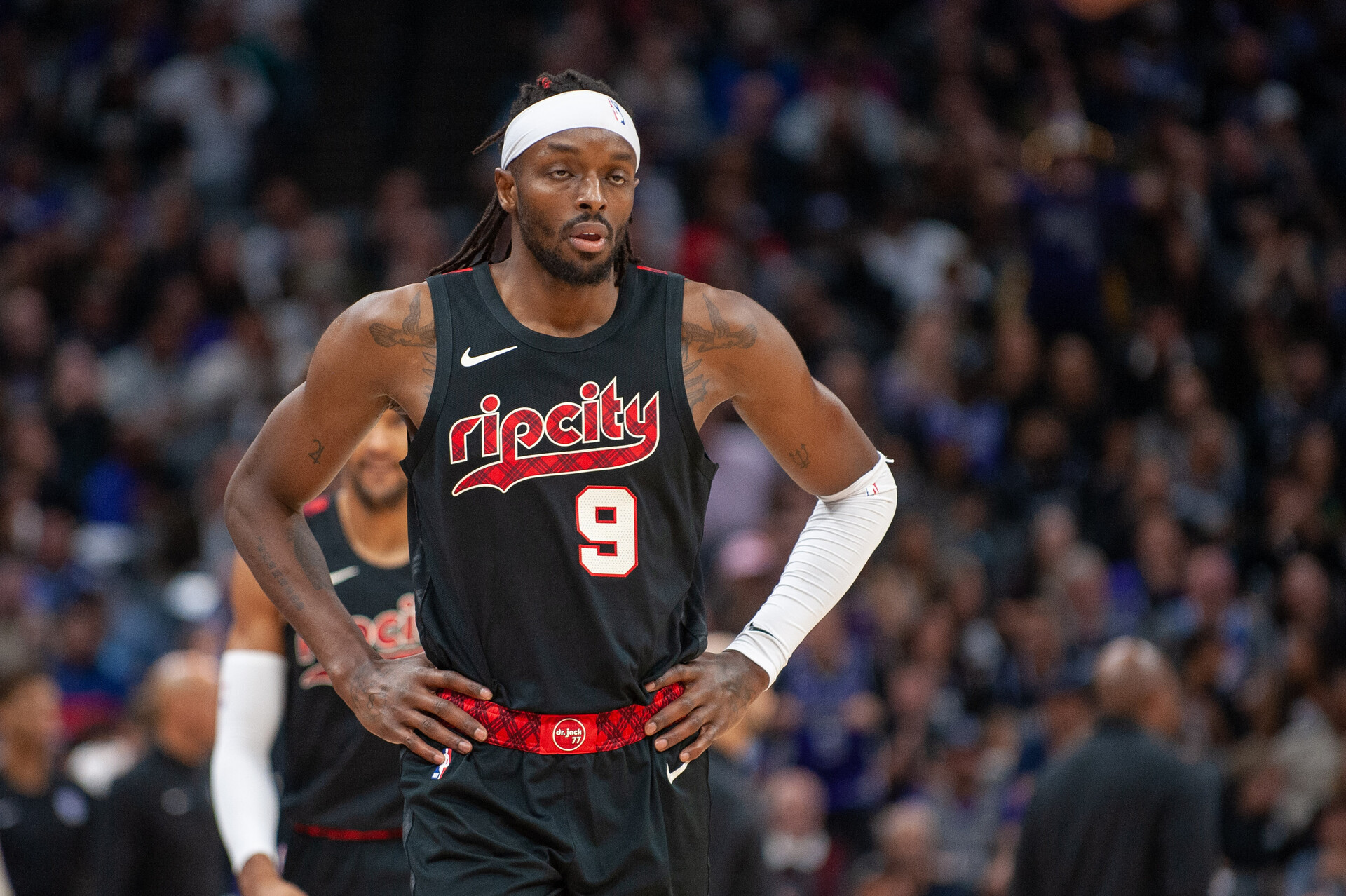 Nov 8, 2023; Sacramento, California, USA; Portland Trail Blazers forward Jerami Grant (9) looks on during a timeout in the second quarter at Golden 1 Center.
