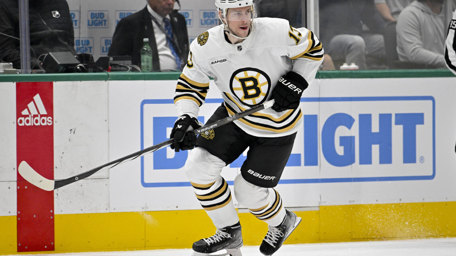 Boston Bruins center Charlie Coyle (13) in action during the game between the Dallas Stars and the Boston Bruins at the American Airlines Center.