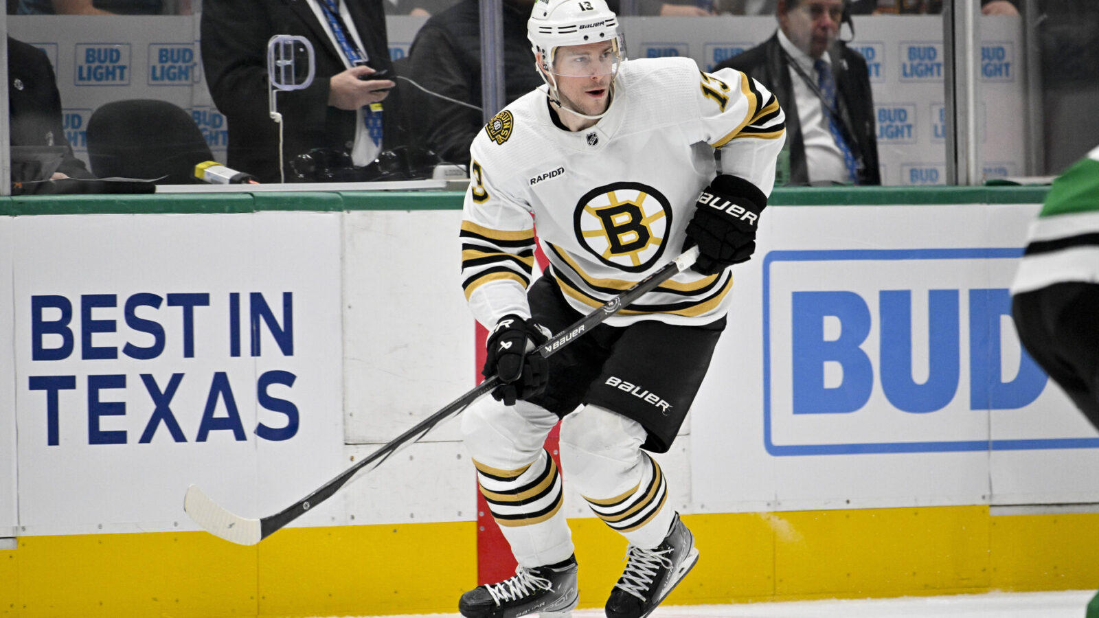 Nov 6, 2023; Dallas, Texas, USA; Boston Bruins center Charlie Coyle (13) in action during the game between the Dallas Stars and the Boston Bruins at the American Airlines Cente