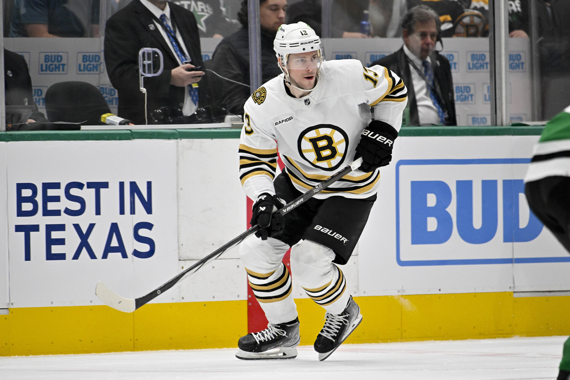 Nov 6, 2023; Dallas, Texas, USA; Boston Bruins center Charlie Coyle (13) in action during the game between the Dallas Stars and the Boston Bruins at the American Airlines Cente