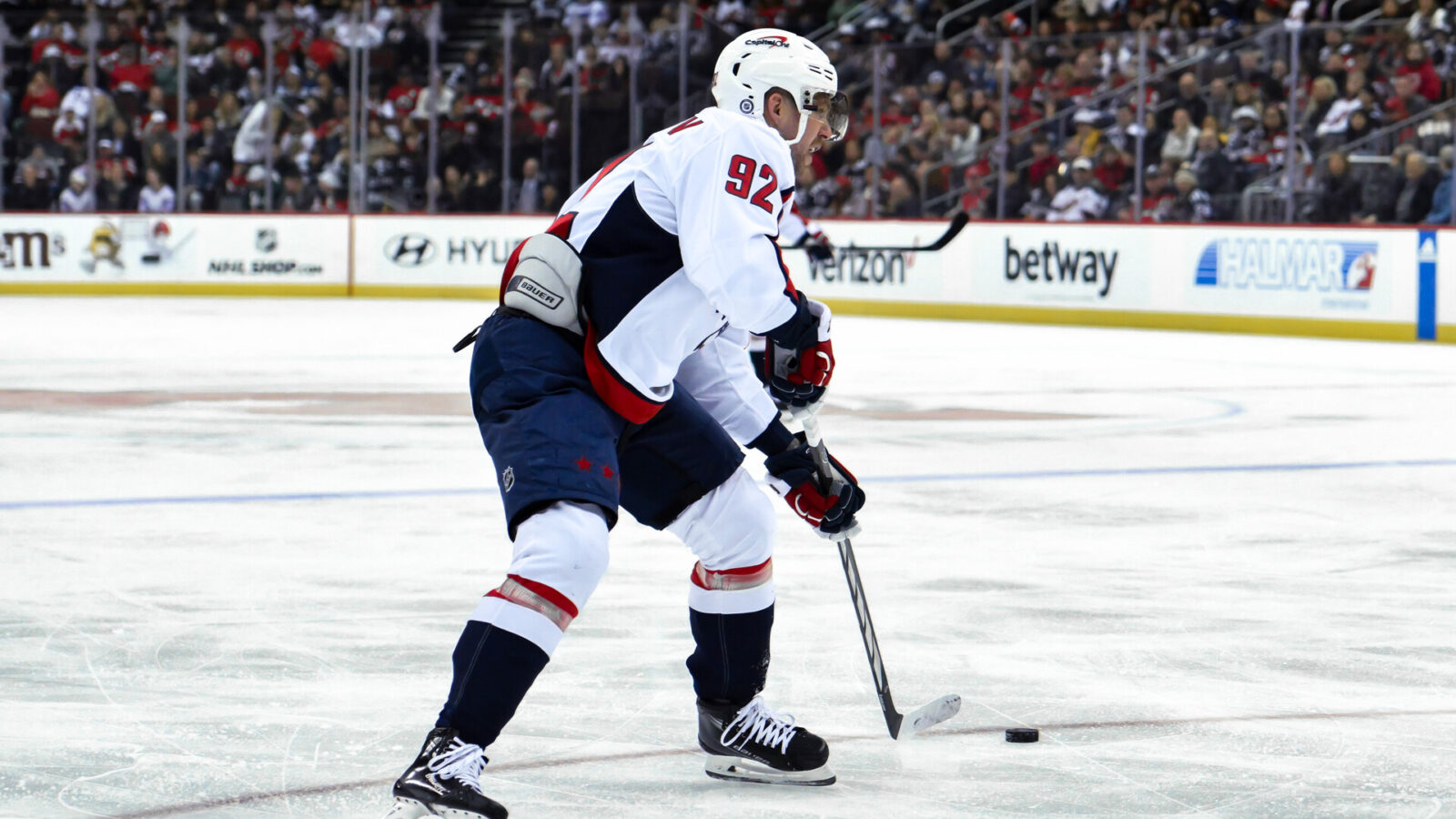 Nov 10, 2023; Newark, New Jersey, USA; Washington Capitals center Evgeny Kuznetsov (92) skates with the puck against the New Jersey Devils during the first period at Prudential Center.