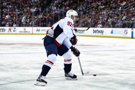 Nov 10, 2023; Newark, New Jersey, USA; Washington Capitals center Evgeny Kuznetsov (92) skates with the puck against the New Jersey Devils during the first period at Prudential Center.